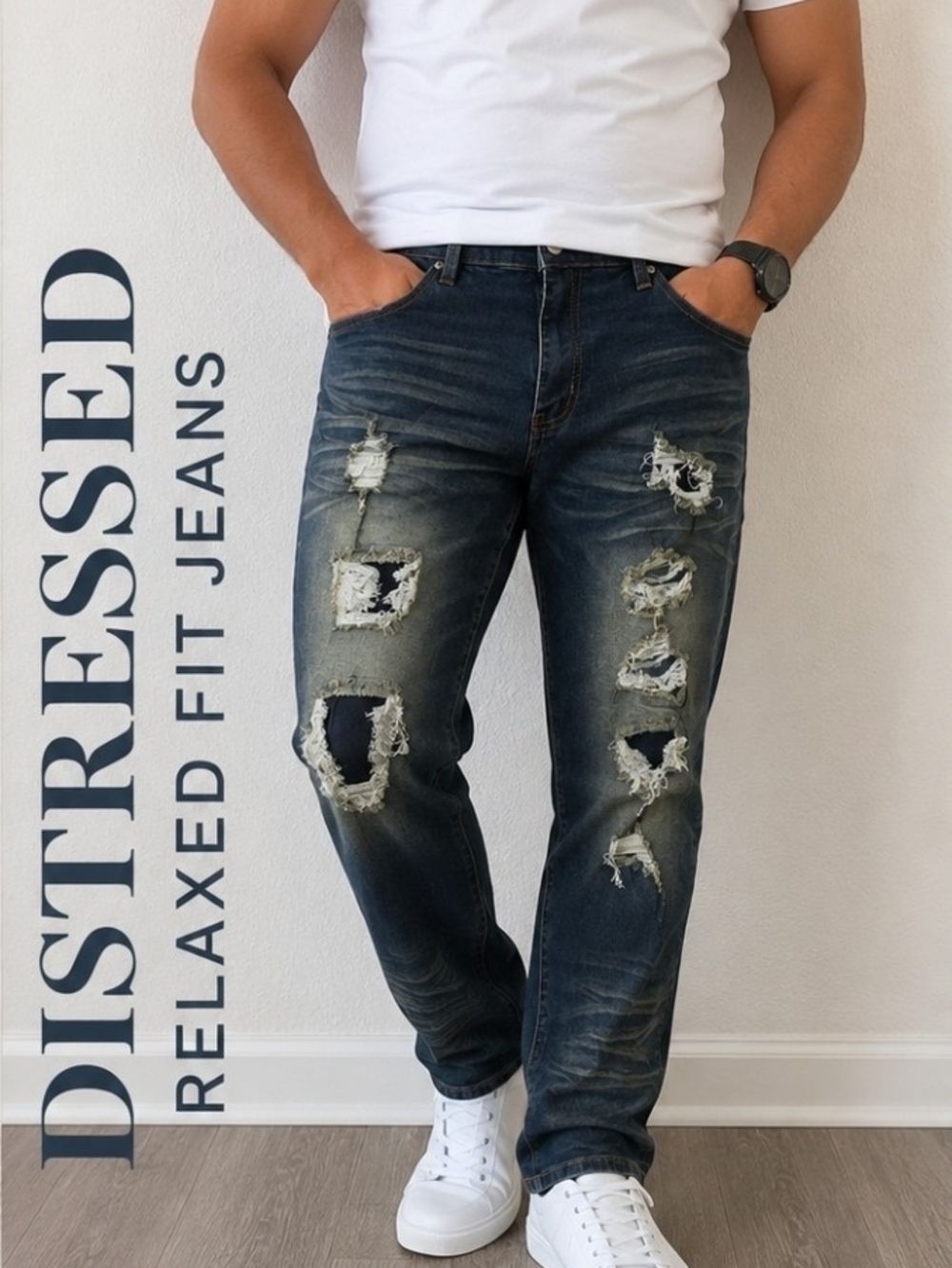 Vintage Distressed Relaxed Fit Men’s Jeans - Dark Blue